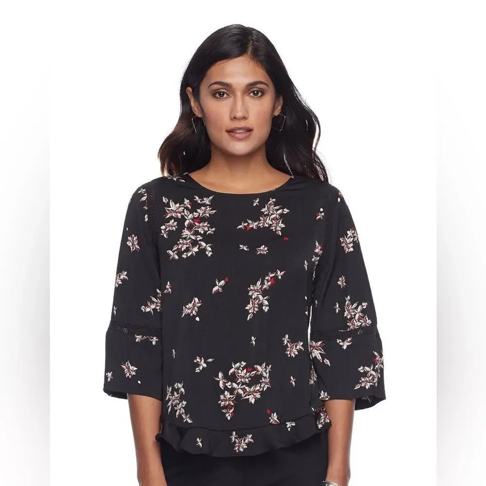 Apt.‎ 9 Women’s Medium 3/4 Sleeve Black Ruffle Satin Floral Top